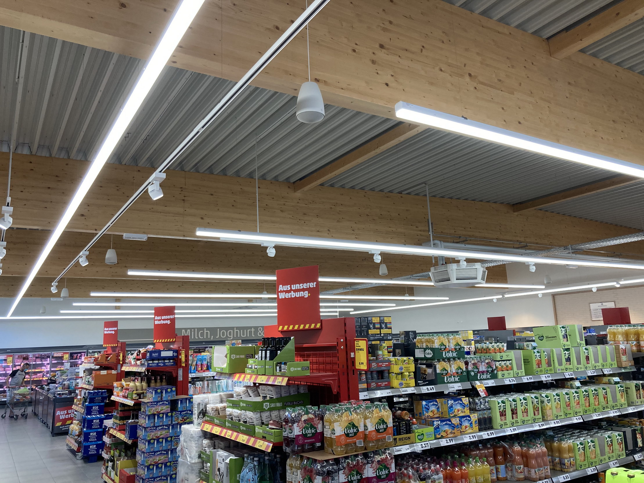 Satteldachbinder Lebensmittelmarkt Verbrauchermarkt Leimholz Dachkonstruktion Holzrahmenbauwand